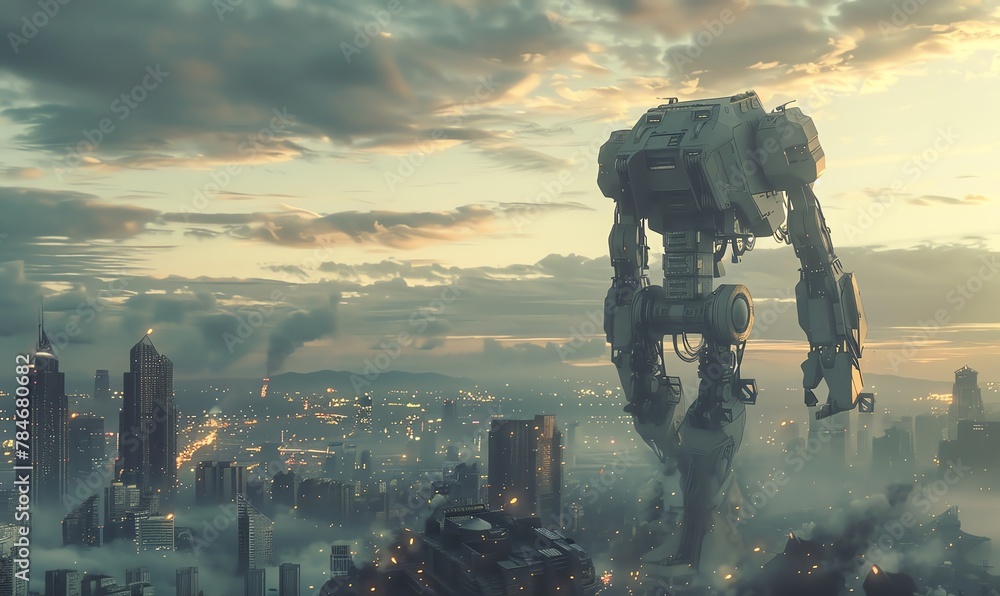 Incorporate a towering, futuristic robot in a sprawling urban landscape using CG 3D rendering, capturing the essence of technological innovation and progress Incorporate a towering, futuristic robot in a sprawling urban landscape using CG 3D rendering, capturing the essence of technological innovation and progress