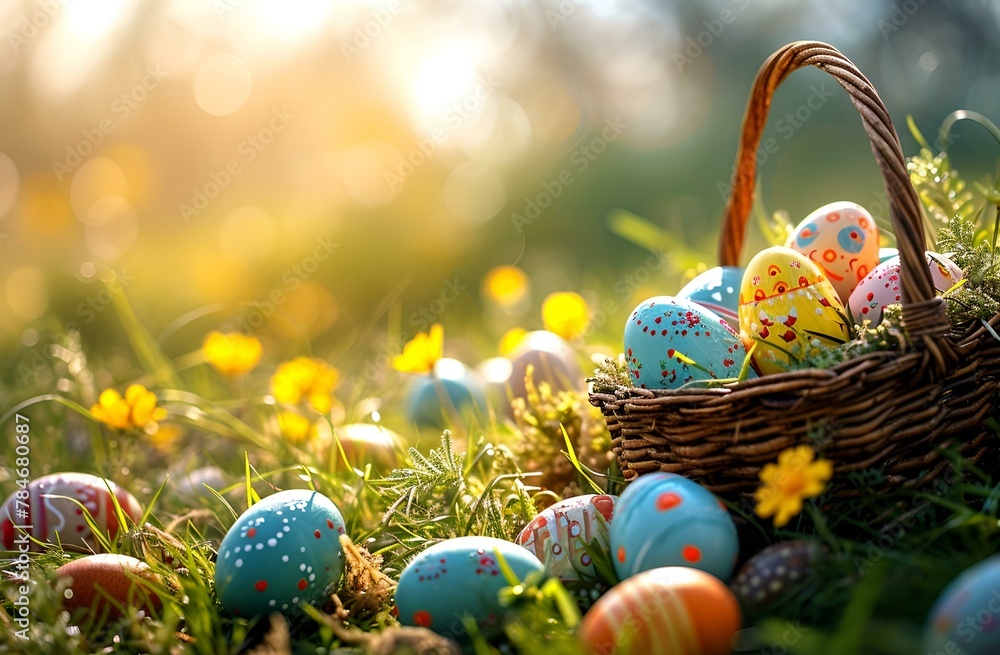 colorful easter eggs in basket in grass
colorful easter eggs in basket in grass