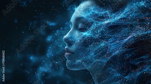 Artistic representation of a serene woman surrounded by ethereal blue cosmic energy and stars.
 photo