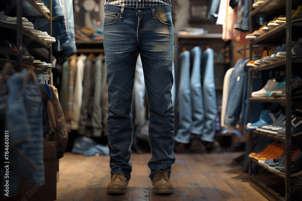 Stylish man confidently modeling a classic pair of jeans, showcasing a ...