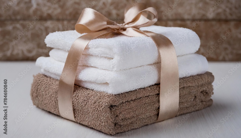 Beautifully arranged new towels as a gift with ribbon Beautifully arranged new towels as a gift with ribbon
