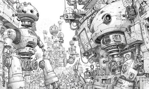 Produce a detailed pen and ink drawing of autonomous robots in a whimsical, steampunk-inspired setting Show a charming scene of robots performing tasks with intricate gears and whimsical contraptions