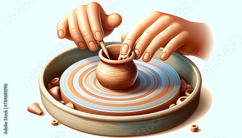 3D Icon: Pottery Wheel Magic - A Potter Crafting Clay on Spinning Wheel in Candid Daily Environment with Isolated White Background
