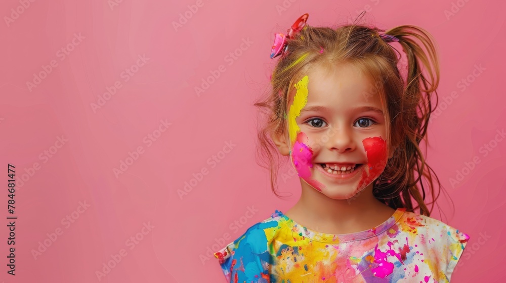 A beautiful little girl stained in multicolored paints on a pink isolated background. A beautiful little girl stained in multicolored paints on a pink isolated background.