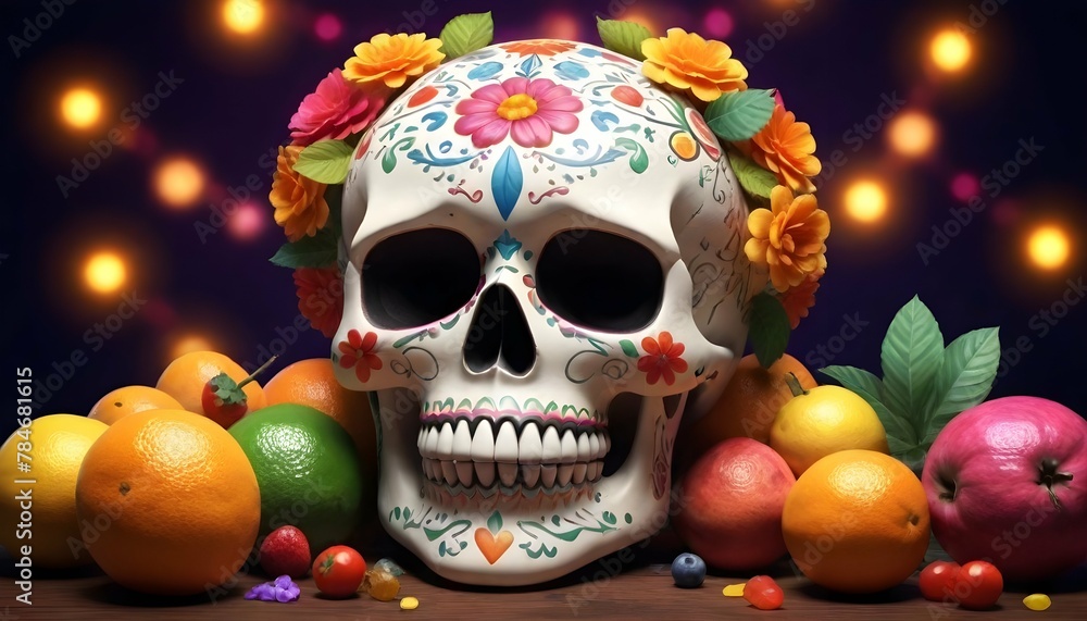 stunning-still-life-photo-render-of-a-Mexican-Skull-Calavera--surrounded-by-poetic-ornamental-elements-such-as-fruits--flowers--garlands-of-lights-and-native-plants stunning-still-life-photo-render-of-a-Mexican-Skull-Calavera--surrounded-by-poetic-ornamental-elements-such-as-fruits--flowers--garlands-of-lights-and-native-plants
