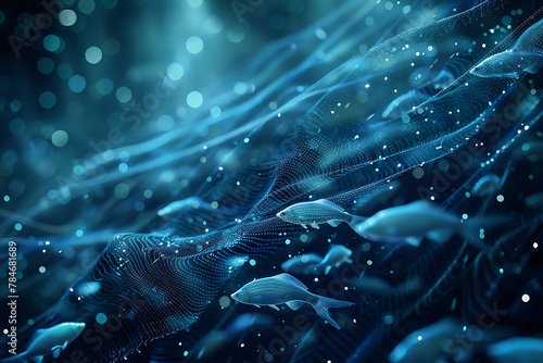 Intricate wireframe-based visualization of a fish set against a glowing translucent background, blending digital art with marine life themes to create a mesmerizing, futuristic depiction of the underw