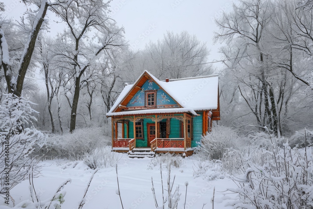 A small cabin stands in the middle of a forest covered in a thick blanket of snow, A traditional Russian dacha in winter, AI Generated
