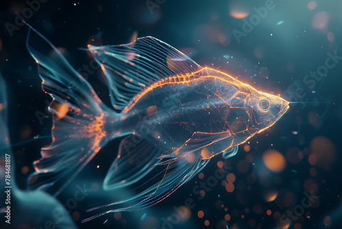 Intricate wireframe-based visualization of a fish set against a glowing translucent background, blending digital art with marine life themes to create a mesmerizing, futuristic depiction of the underw