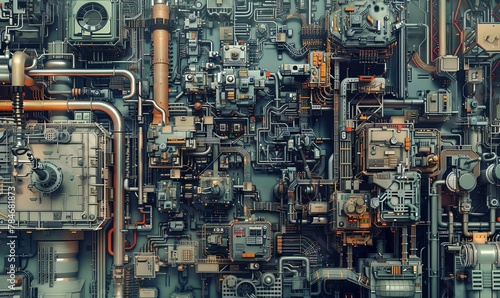 Transform the concept of Industrial Automation into a mesmerizing pixel art scene, blending intricate machinery with a retro aesthetic Enhance the aerial view with a creative use of colors and pattern