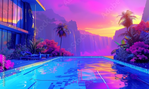 Transform the concept of a dreamy panoramic pool into a mesmerizing pixel art piece Picture a retro-inspired design with a futuristic twist, featuring geometric shapes, bold colors, and a sense of sur