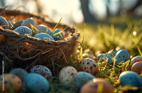 Colorful easter eggs in a basket over a flowerfield and sun rays.
 photo