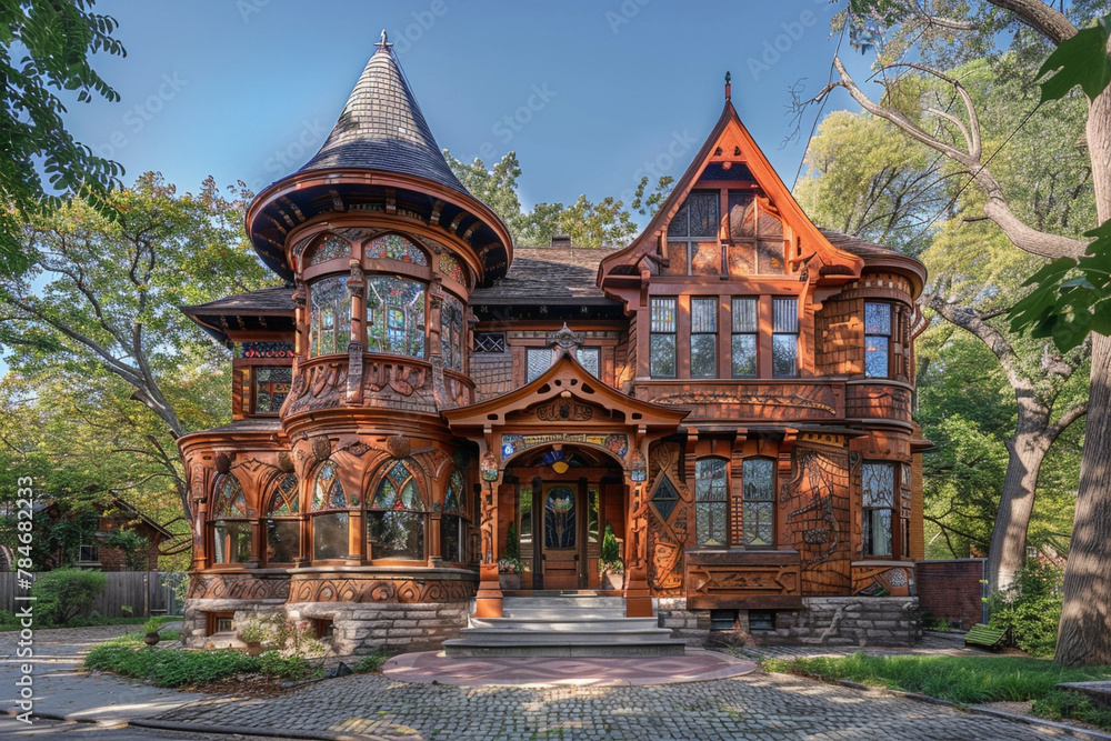 A Craftsman home with a turret-like tower, intricate wood carvings, and stained glass insets, set in a historic neighborhood with cobblestone streets and mature trees.