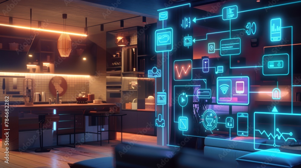 A holographic visualization of an entire smart home, with various devices connected to the network and glowing digital symbols representing different living spaces within it
A holographic visualization of an entire smart home, with various devices connected to the network and glowing digital symbols representing different living spaces within it