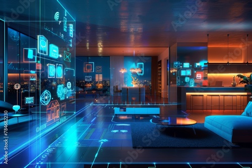 A holographic visualization of an entire smart home  with various devices connected to the network and glowing digital symbols representing different living spaces within it 