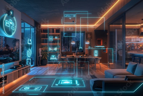 A holographic visualization of an entire smart home, with various devices connected to the network and glowing digital symbols representing different living spaces within it 
