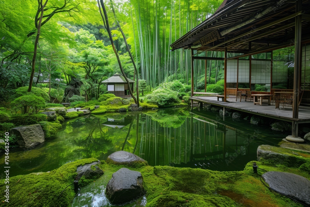A small pond nestled among vibrant green trees in a natural landscape, A tranquil bamboo and moss garden in Kyoto, Japan, AI Generated
