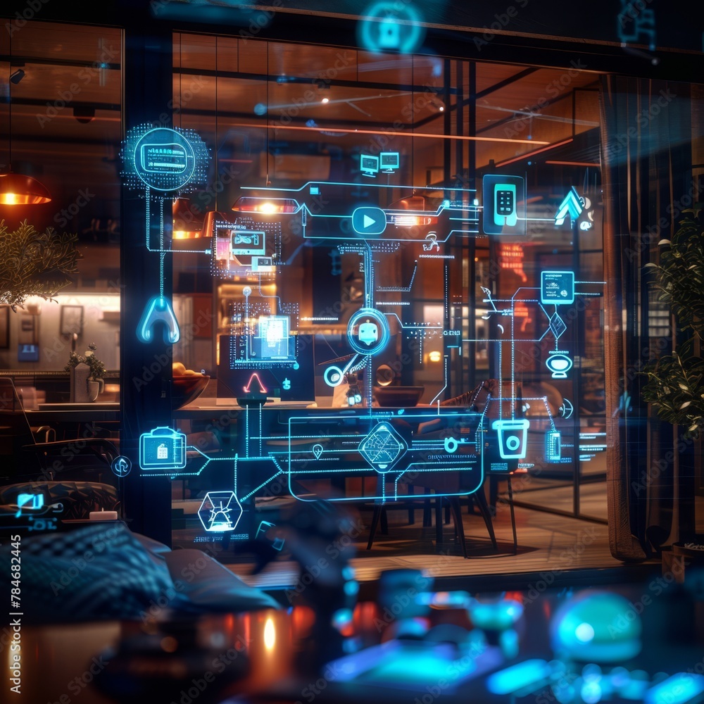 A holographic visualization of an entire smart home, with various devices connected to the network and glowing digital symbols representing different living spaces within it
A holographic visualization of an entire smart home, with various devices connected to the network and glowing digital symbols representing different living spaces within it