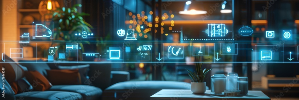 A holographic visualization of an entire smart home, with various devices connected to the network and glowing digital symbols representing different living spaces within it
A holographic visualization of an entire smart home, with various devices connected to the network and glowing digital symbols representing different living spaces within it
