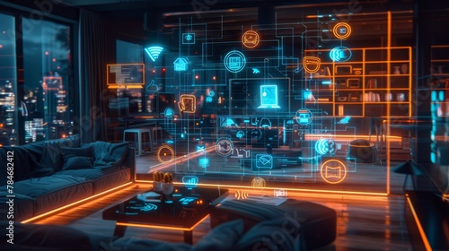 A holographic visualization of an entire smart home, with various devices connected to the network and glowing digital symbols representing different living spaces within it 