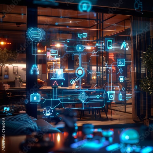 A holographic visualization of an entire smart home  with various devices connected to the network and glowing digital symbols representing different living spaces within it 