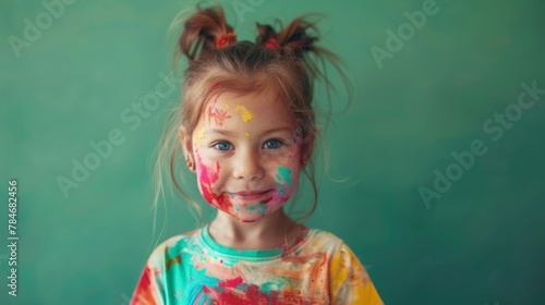 A little girl stained in multicolored paints on a green isolated background.