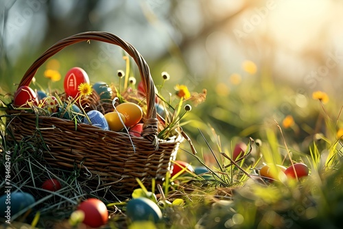 .Easter eggs in a basket on the grass. 