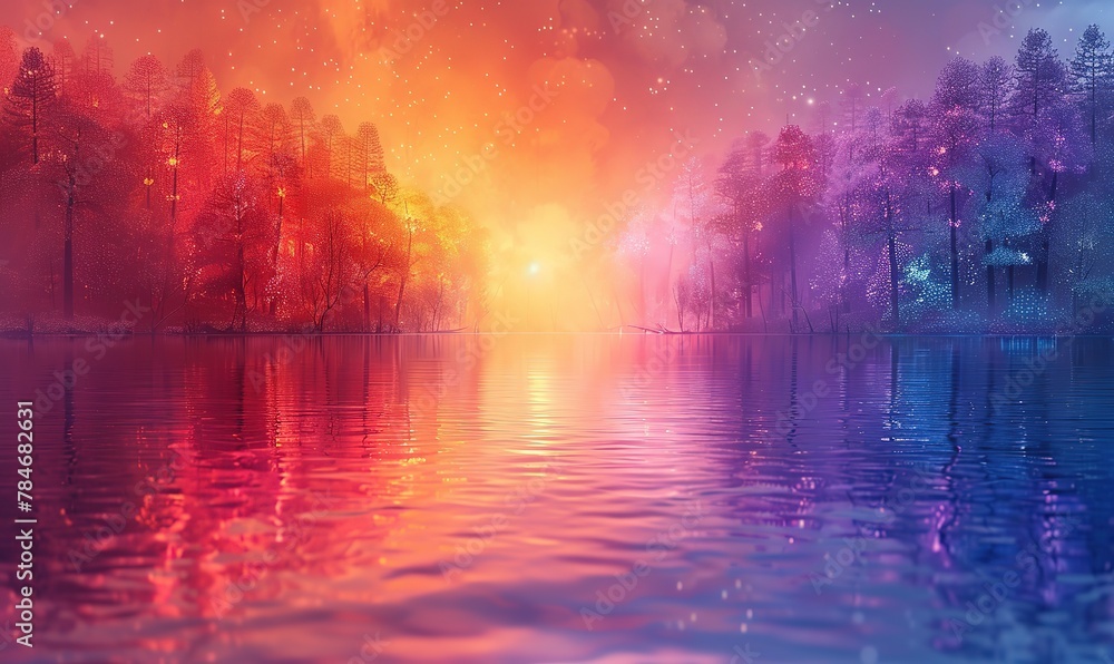 Foggy morning on the lake. Colorful landscape with fog.