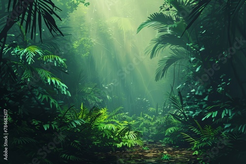 Illuminated Jungle  A Painting of Sunlight Streaming Through Trees  A tranquil rain forest scene with minimalist touch  AI Generated