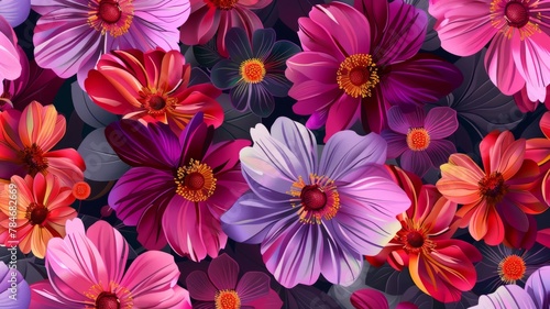 Vivid Pink and Red Flowers Seamless Pattern - This seamless pattern offers a rich display of red and pink flowers, perfect for fabric design and artistic backgrounds photo