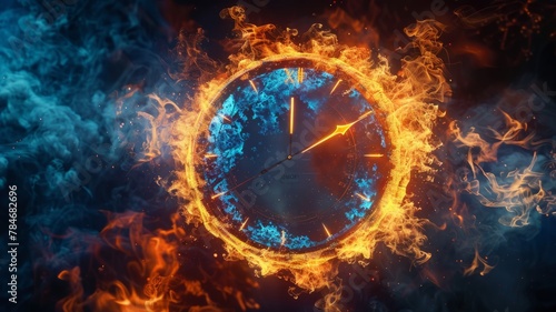 Clock face with fire and blue icy thermodynamic effects - This vibrant image shows a clock face with one half in blue ice and the other in bursting flames, depicting two opposing forces