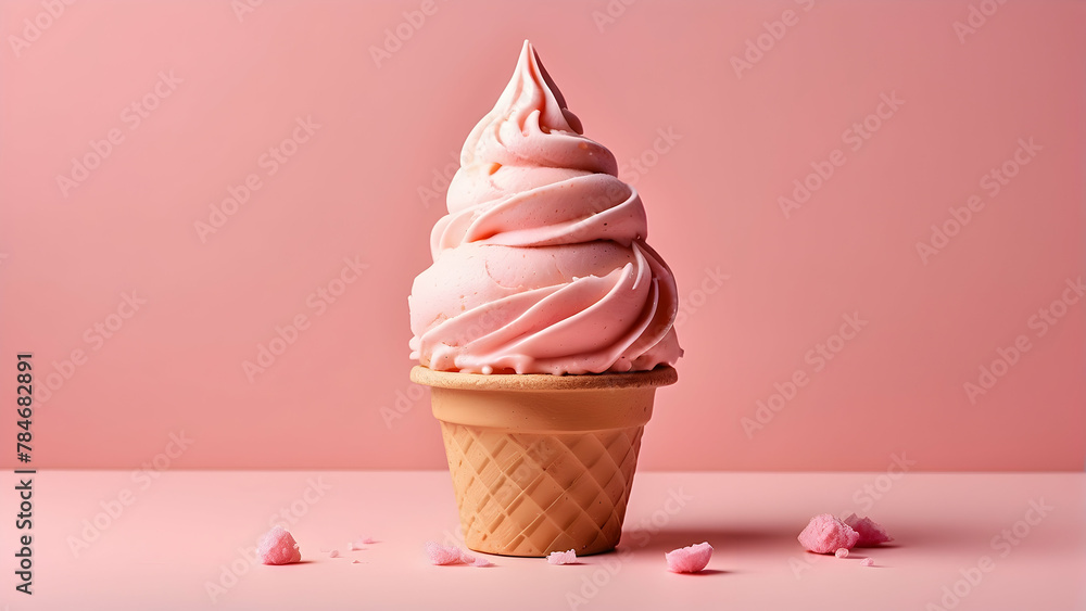An exquisite soft pink ice cream cone presented alone with a matching pink background, captures simplicity An exquisite soft pink ice cream cone presented alone with a matching pink background, captures simplicity