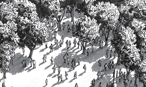 Use a traditional pen and ink technique to create the high-angle view of a crowd of diverse individuals gathered in a serene park, each figure delicately detailed to showcase their unique identities photo
