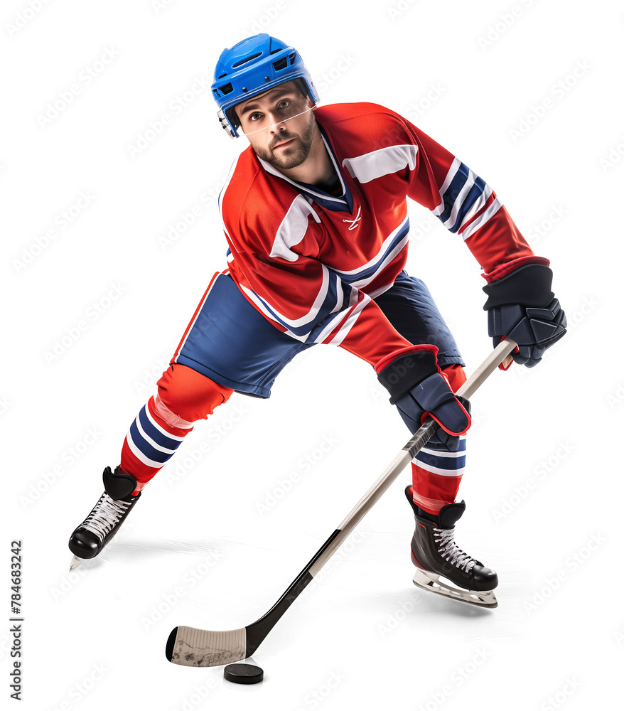 Ice hockey player holding stick to hit a puck, full body visible on isolated background