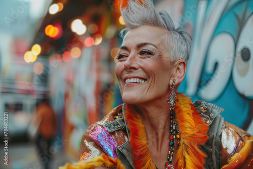 Senior woman with undercut hairstyle smile outdoors celebrating LGBTQ Pride Parade. Generative AI. photo