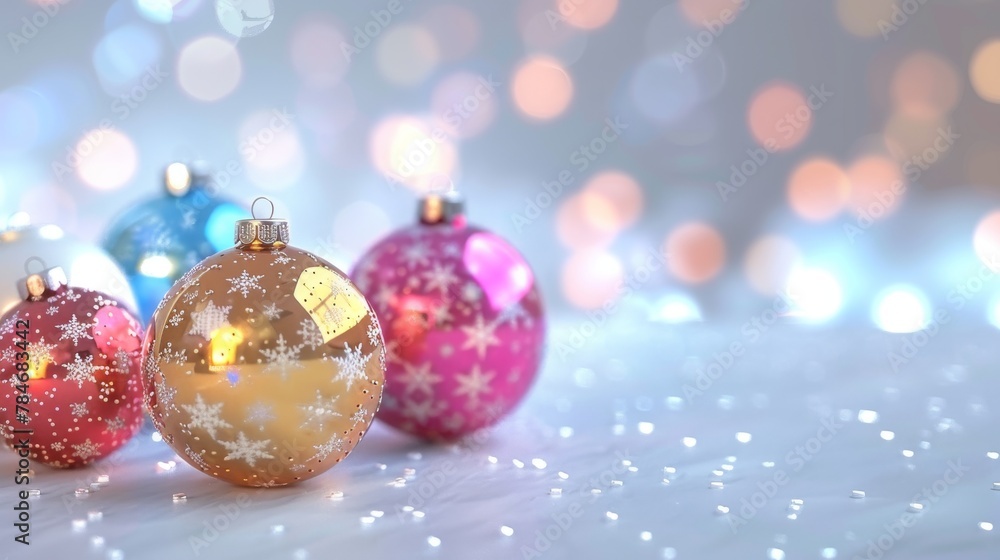 Fototapeta premium Christmas bauble, Baubles on Solid tone Surface. A panoramic image showcasing baubles in vibrant colored tones reflecting a wintry setting placed on a solid surface, creating a cozy holiday scene