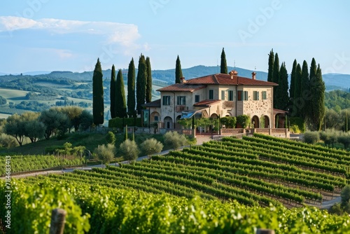 A grand  spacious house stands proudly on a lush green hill  commanding attention with its expansive presence  A Tuscan villa surrounded by vineyards  AI Generated