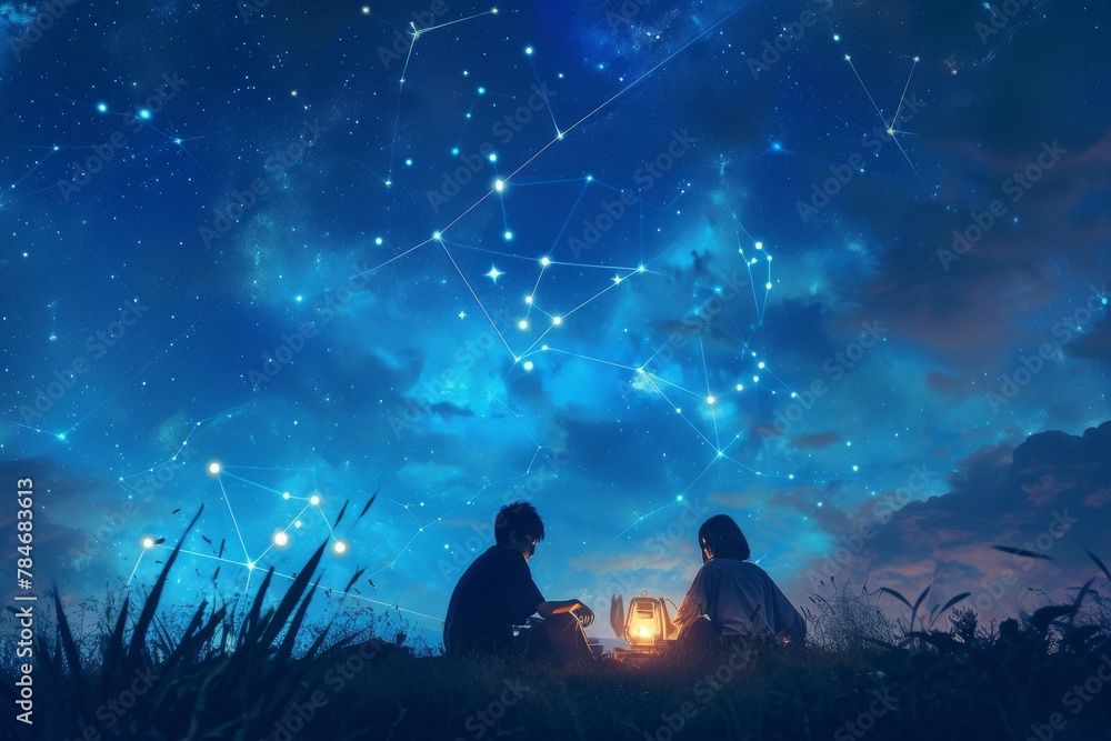 Two individuals enjoy the night sky as they relax on the grass beneath a captivating, star-filled expanse, A twilight picnic under a sky filled with heart-shaped constellations, AI Generated