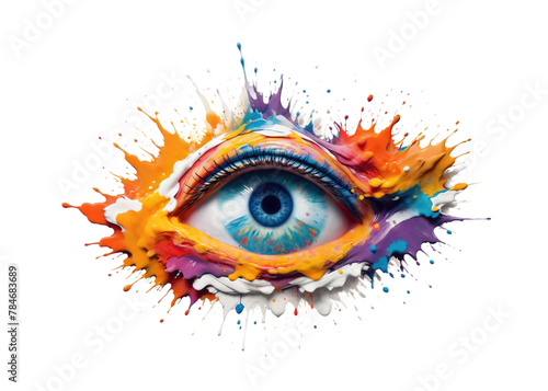 Vision of art and imagination: an isolated eyeball emerges from a vibrant splash of mixed paint colors, embodying creativity, flair, and unexpectedness.
 photo