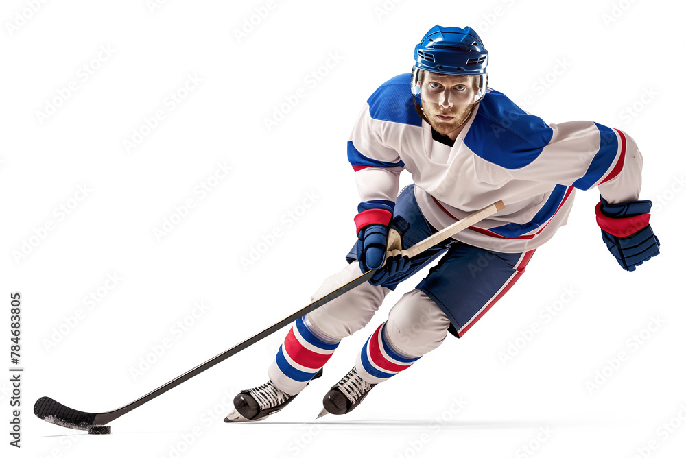 Sprinting ice hockey player in fast motion while dribbling a puck
