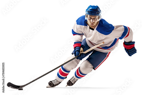 Obraz na płótnie Sprinting ice hockey player in fast motion while dribbling a puck w salonie
