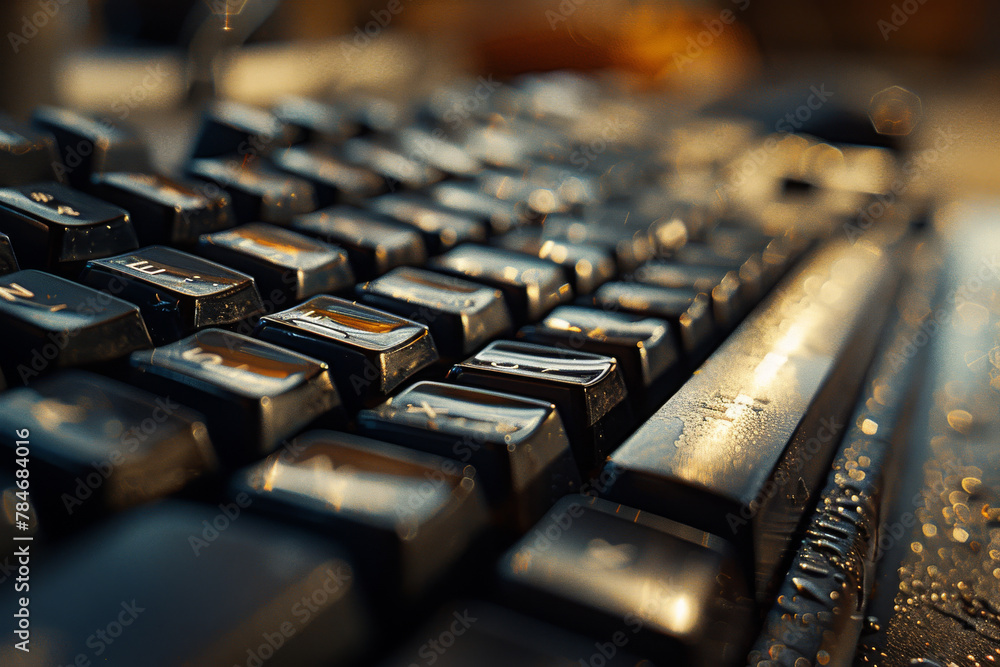 Close-Up of Keyboard with Backlight and Water Droplets in Warm Light Close-Up of Keyboard with Backlight and Water Droplets in Warm Light