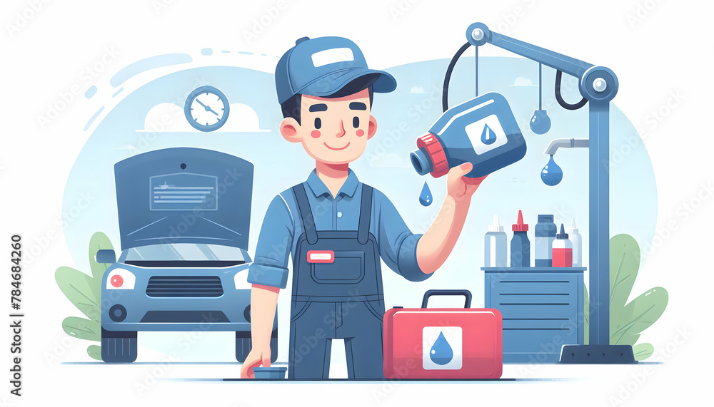 Mechanic Ensuring Efficient Fluid Service: Flat Vector Illustration in Daily Work Environment