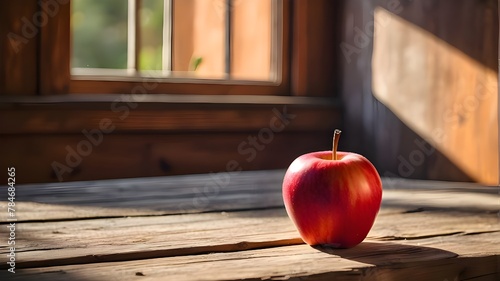 a red apple sits on a wooden table in front of a window.