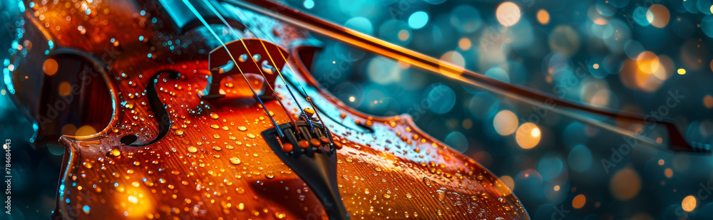 Vibrant Close-up of Violin and Bow with Sparkling Bokeh Background - obrazy, fototapety, plakaty 