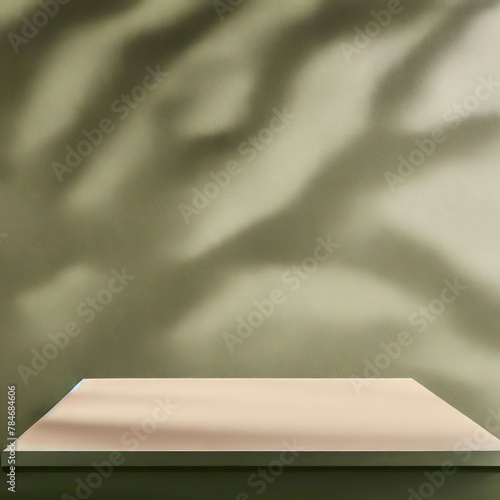 Empty table on khaki green texture wall background