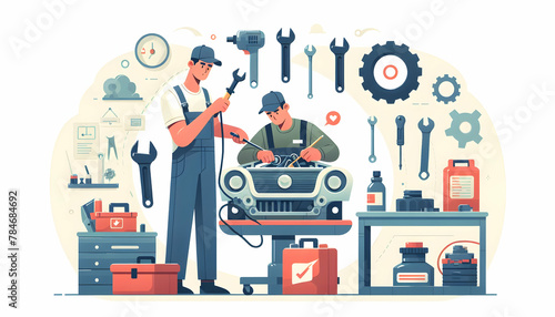 Professional Automotive Mechanic Precision Tuning an Engine with Tools in a Busy Garage - Flat Vector Illustration with Isolated White Background