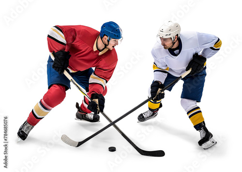 Two competing ice hockey player head to head on isolated background