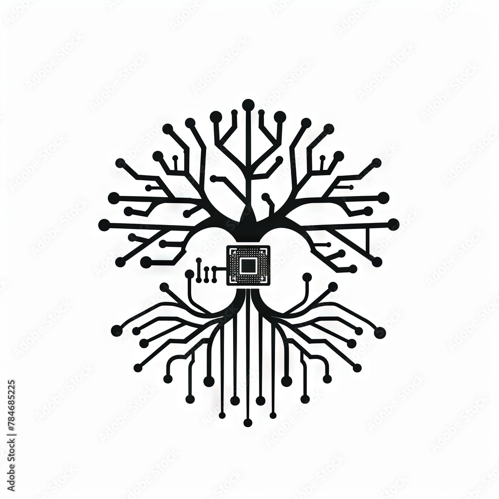 Minimalist monochromatic logo concept with computer chip and tree with roots and branches for sustainable green tech concept Minimalist monochromatic logo concept with computer chip and tree with roots and branches for sustainable green tech concept