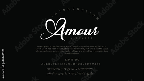 Amour premium luxury elegant alphabet letters and numbers. Elegant wedding typography classic serif font decorative vintage concept. Creative vector illustration