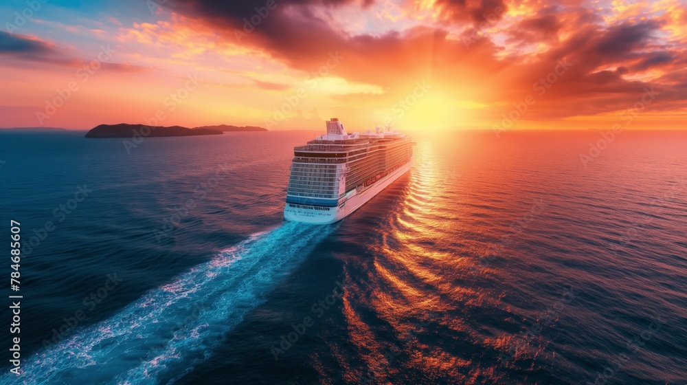 A cruise ship at sea sails to meet the sunset - obrazy, fototapety, plakaty 